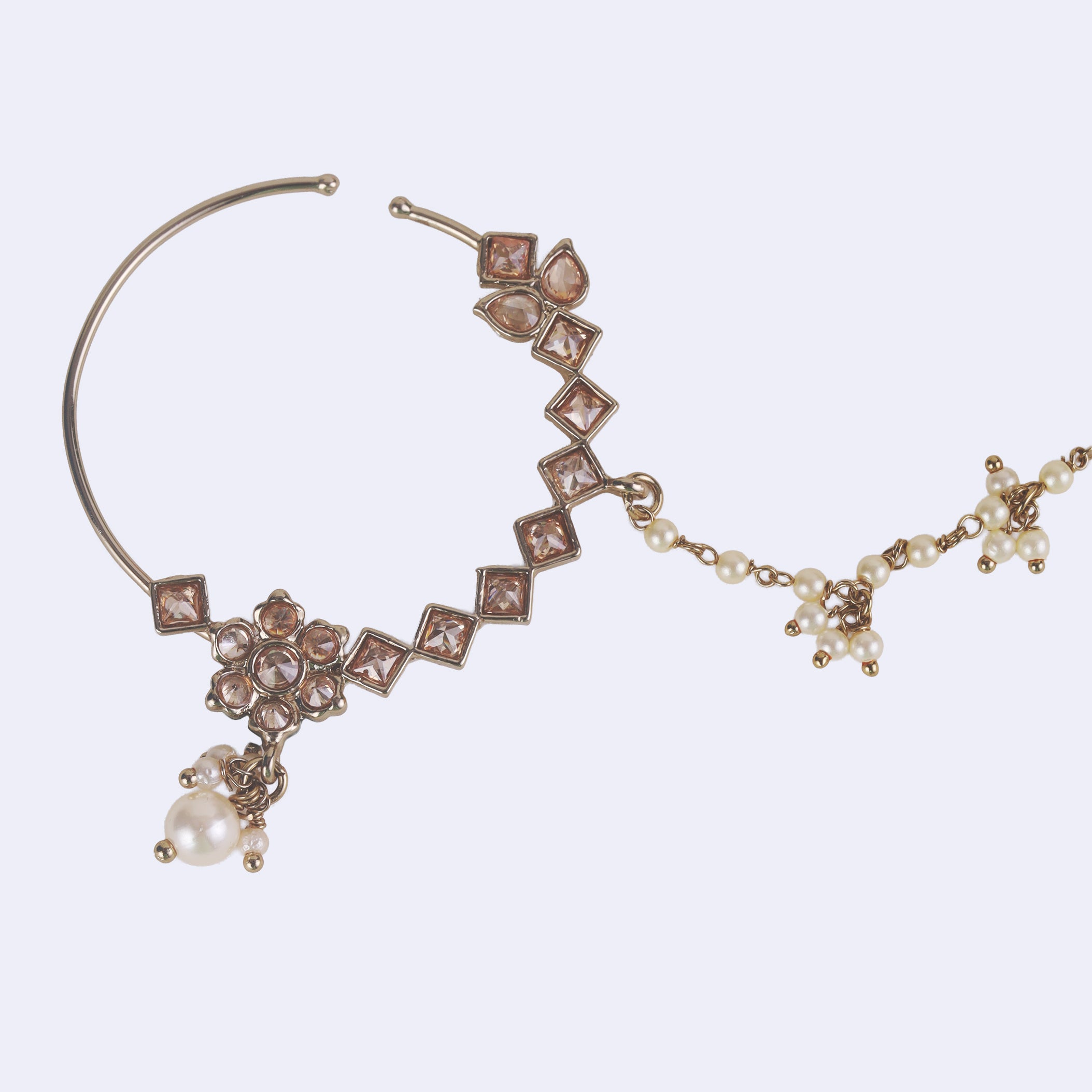 Leaf and Flower Shape Uncut Kundan Gold Plated Nath / Nose Ring - Brown Nath / Nose Ring by Yashwanti London