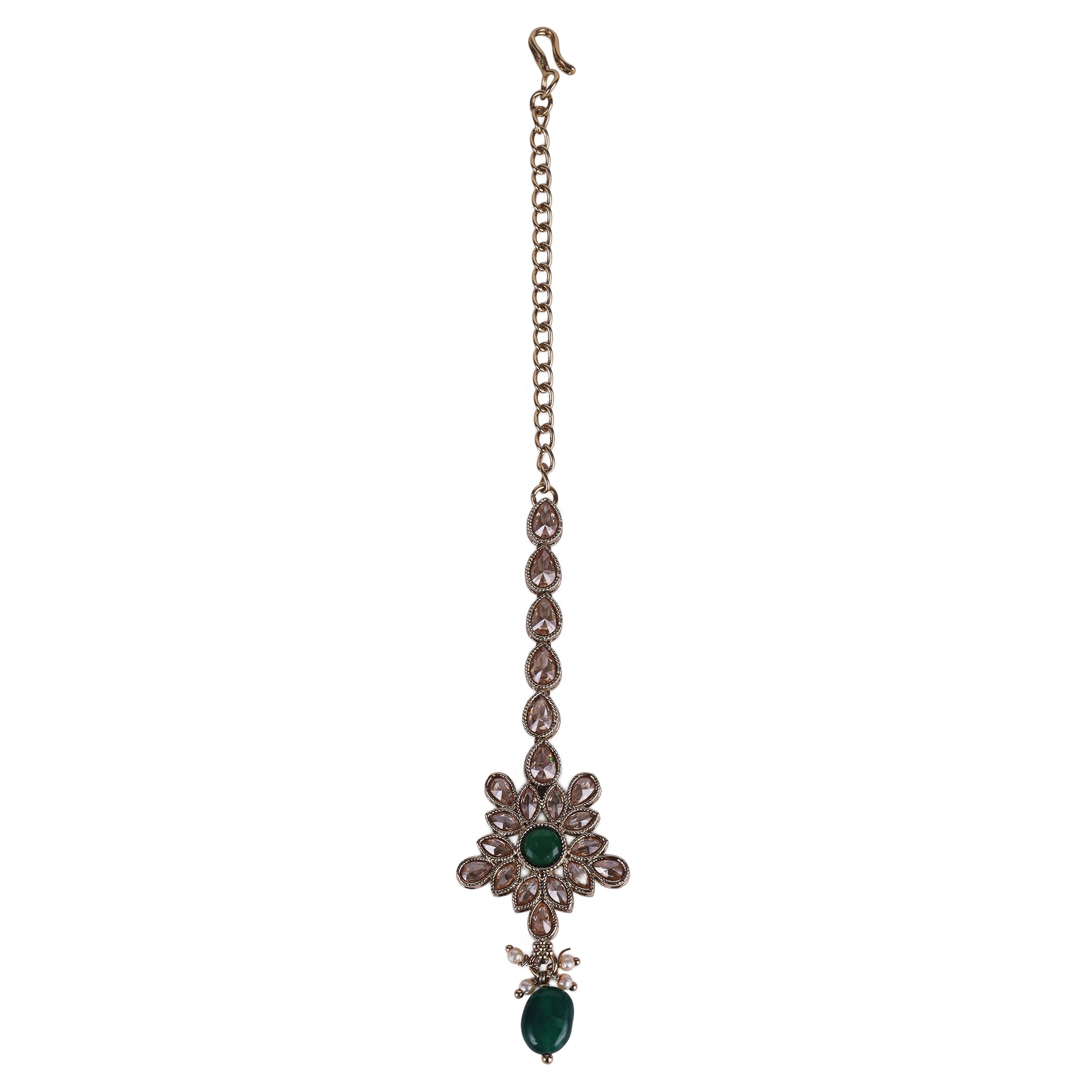 Flower and Oval Shape Uncut Kundan Gold Plated Maang Tikka - Green Maang Tikka by Yashwanti London