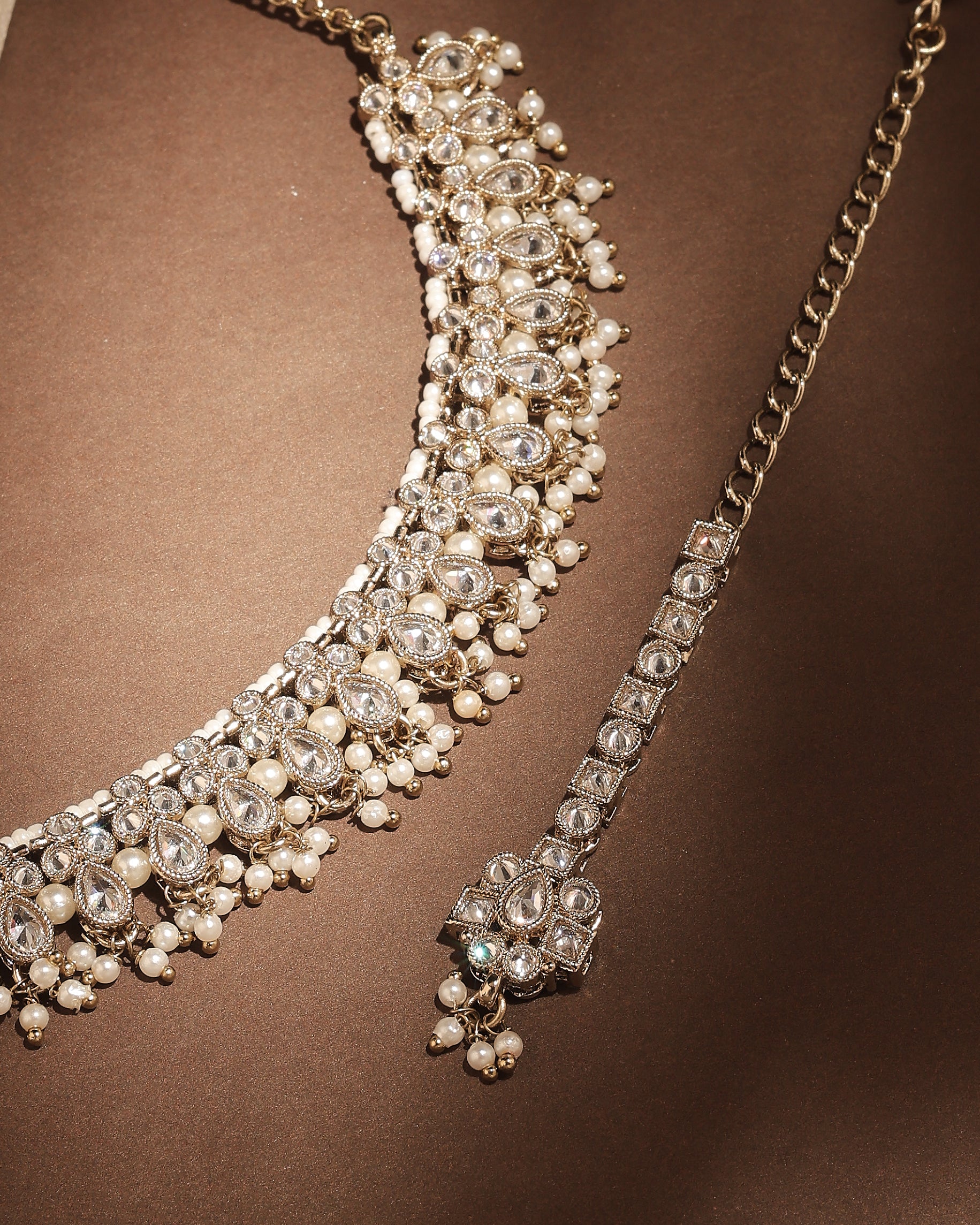 Pear Shape Pearl Guchha Uncut Kundan Antique Gold Plated Necklace Set With Maang Tikka - White Necklace Set With Maang Tikka by Yashwanti London