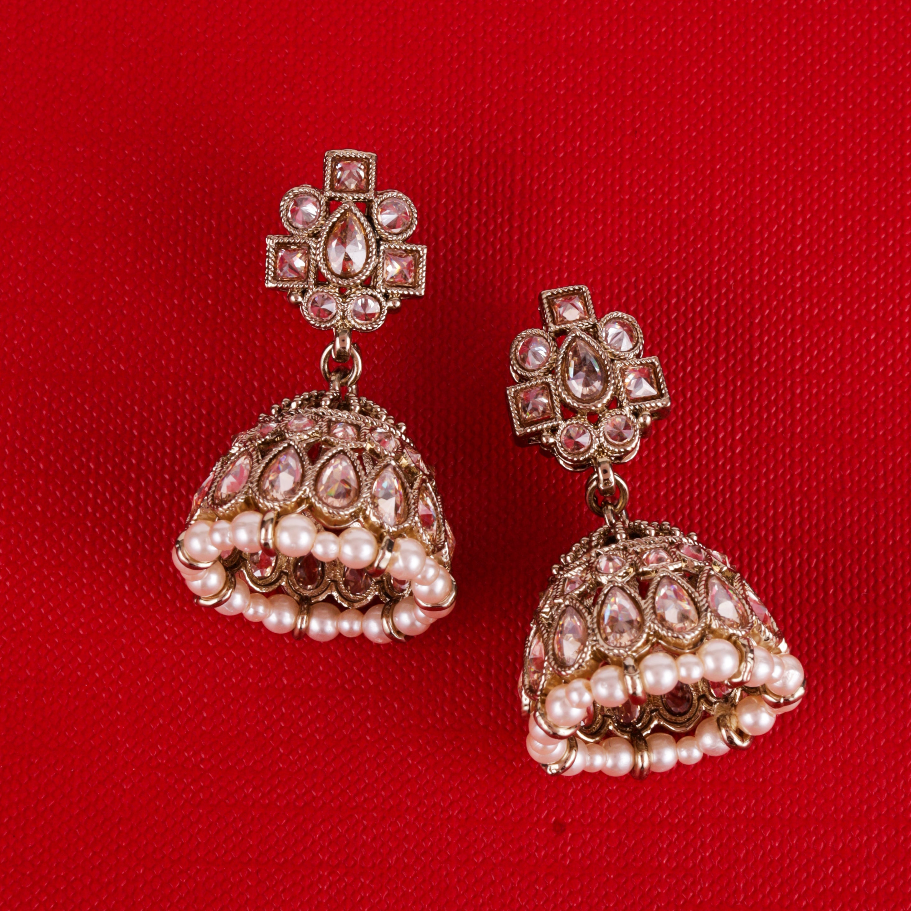Oval Shape Brown Uncut Kundan Stone Antique Gold Plated Jhumki Earrings - Brown Jhumki Earrings by Yashwanti London