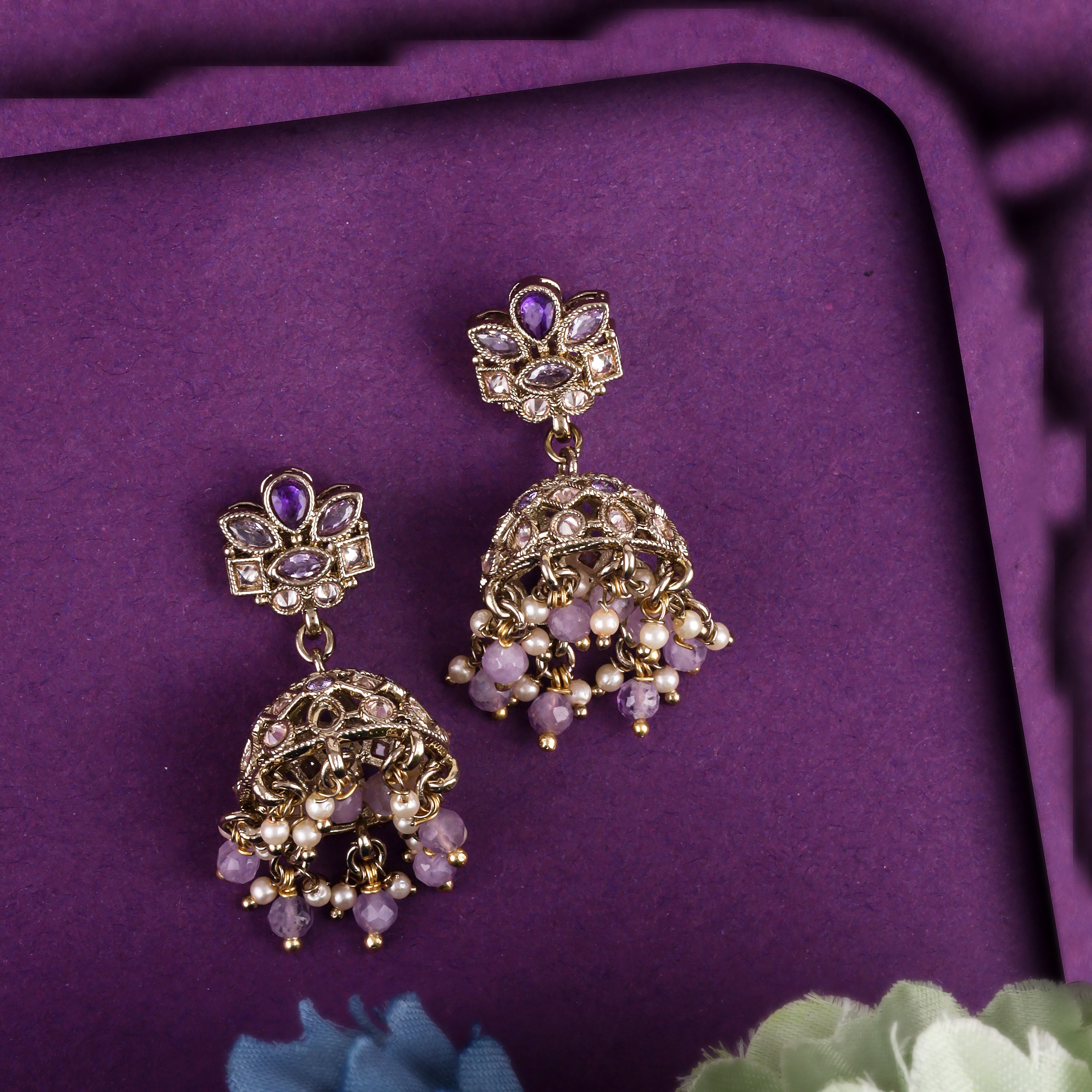 Flower Design Purple Uncut Kundan Stone Antique Gold Plated Jhumki Earrings - Purple Jhumki Earrings by Yashwanti London