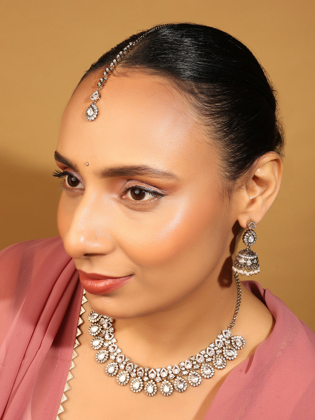 Oval Shape Uncut Kundan Stone Gold Plated Choker Necklace Set - White Choker Necklace Set by Yashwanti London