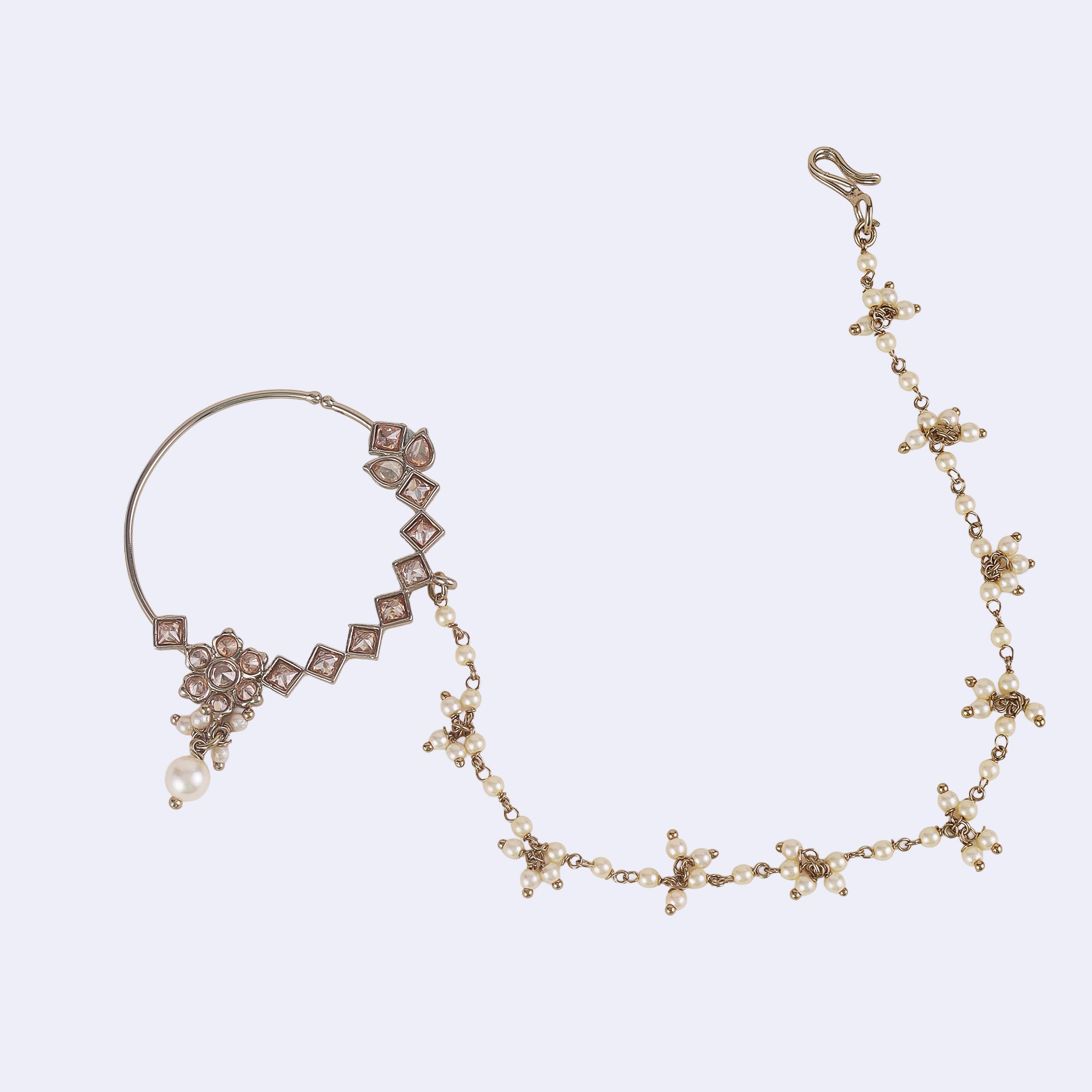 Leaf and Flower Shape Uncut Kundan Gold Plated Nath / Nose Ring - Brown Nath / Nose Ring by Yashwanti London