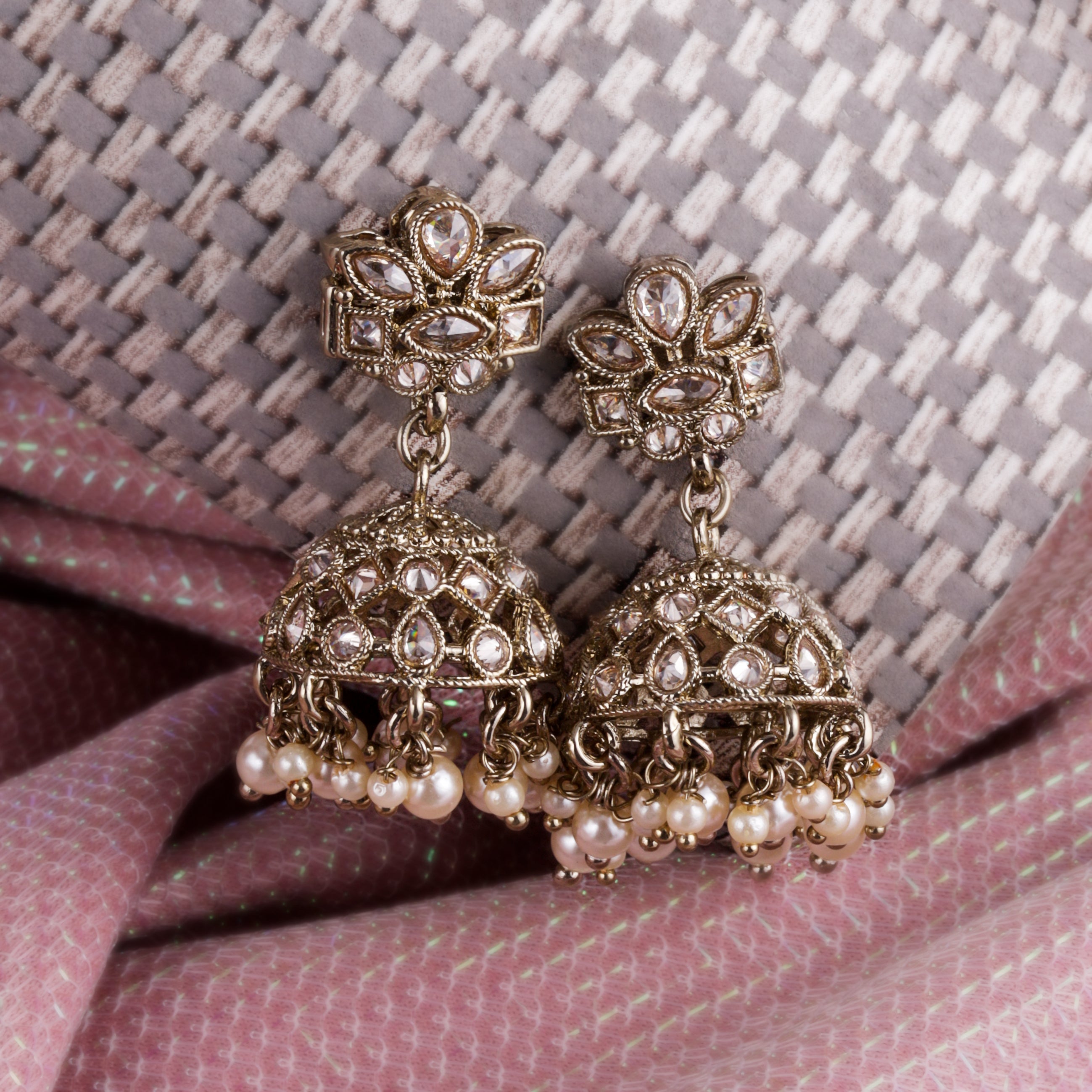 Flower Design Brown Uncut Kundan Stone Antique Gold Plated Jhumki Earrings - Brown Jhumki Earrings by Yashwanti London