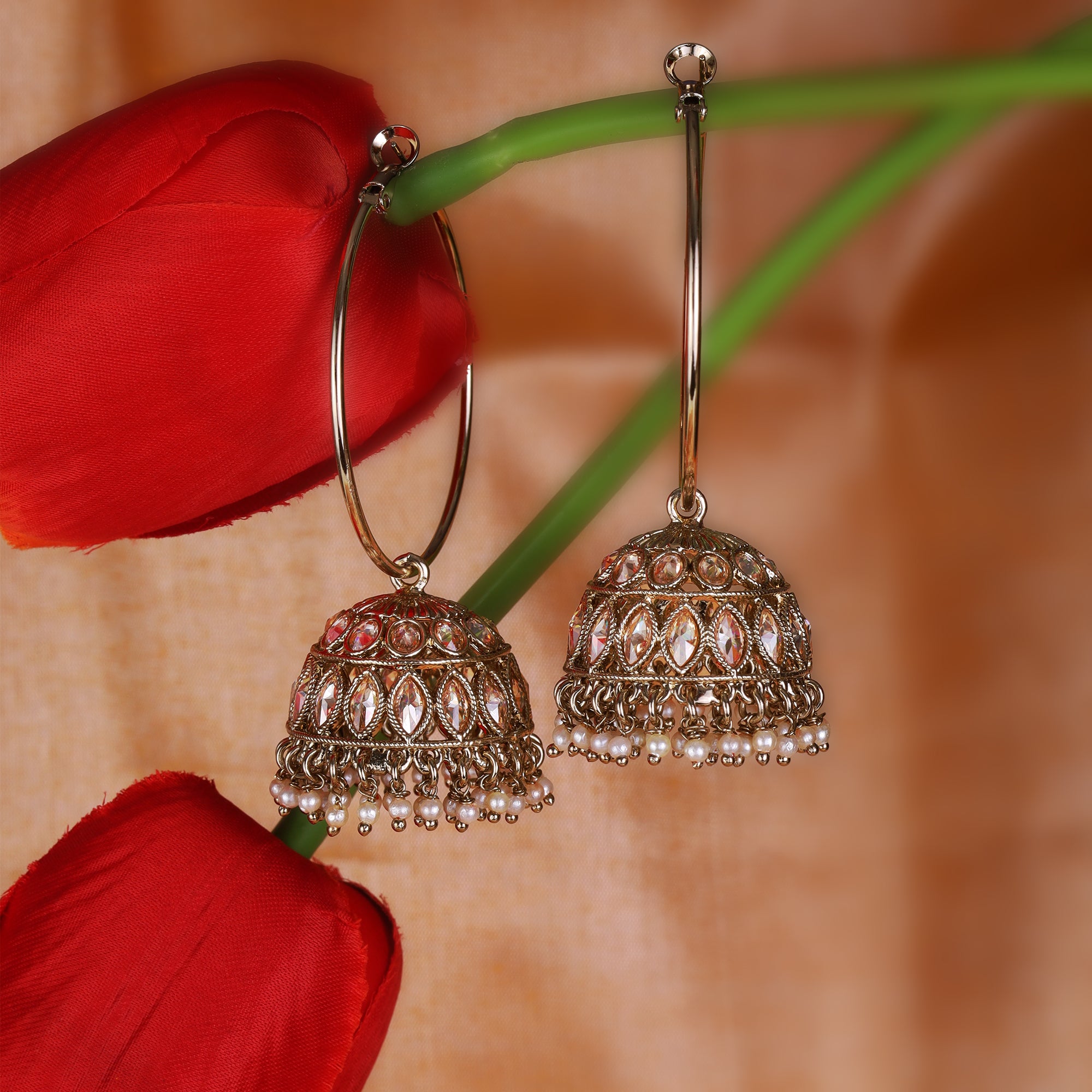 Brown Stone and Pearl AD/Pearl Antique Gold Plated Jhumki Earrings - Brown Jhumki Earrings by Yashwanti London