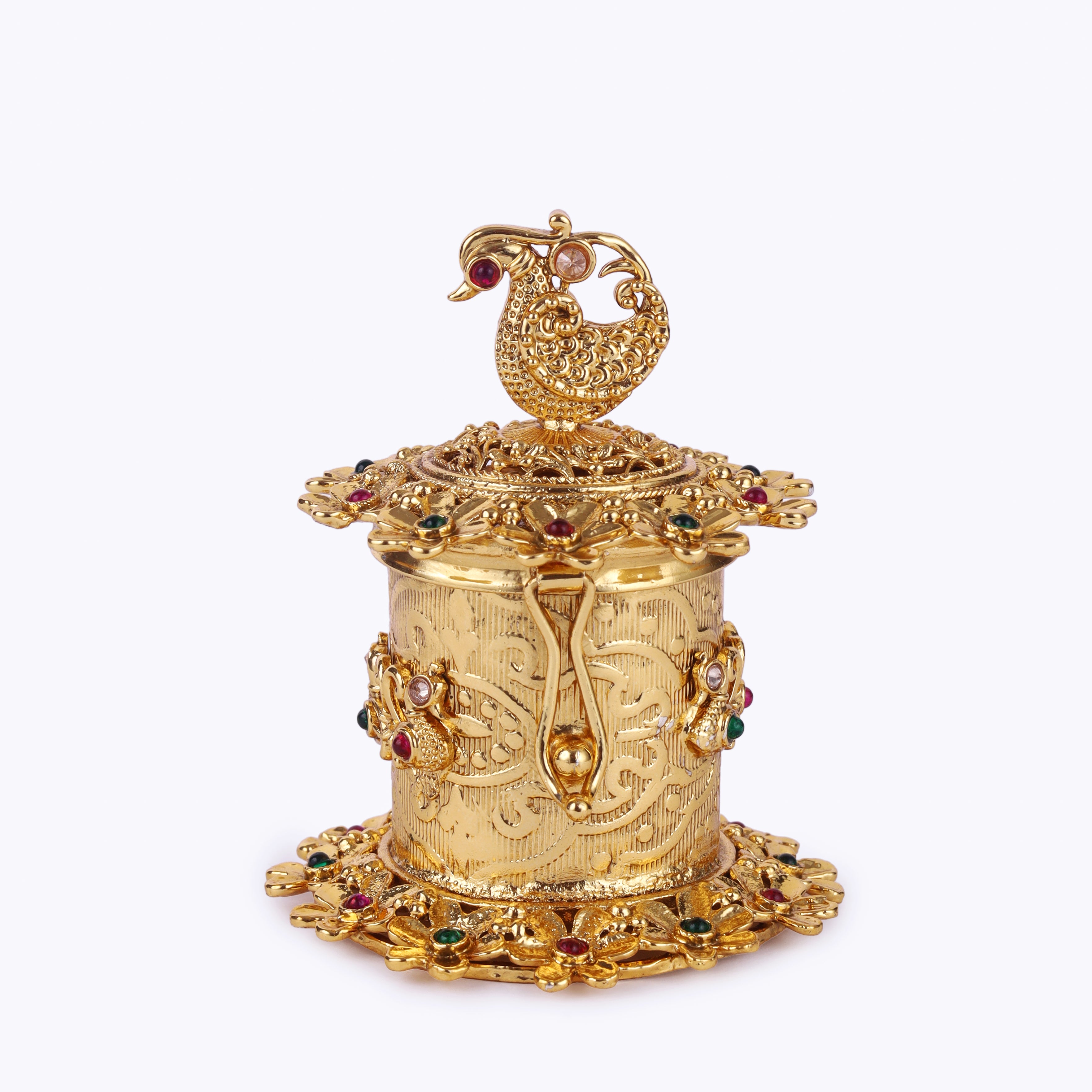 Peacock and Flower Design Beads Gold Plated Sindoor Dani - Gold Sindoor Dani by Yashwanti London