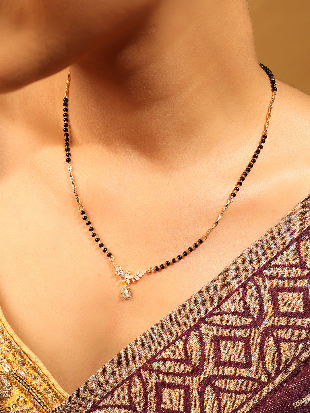Oval and Flower Design CZ/Black Beads Gold Plated Mangalsutra - Gold Mangalsutra by Yashwanti London