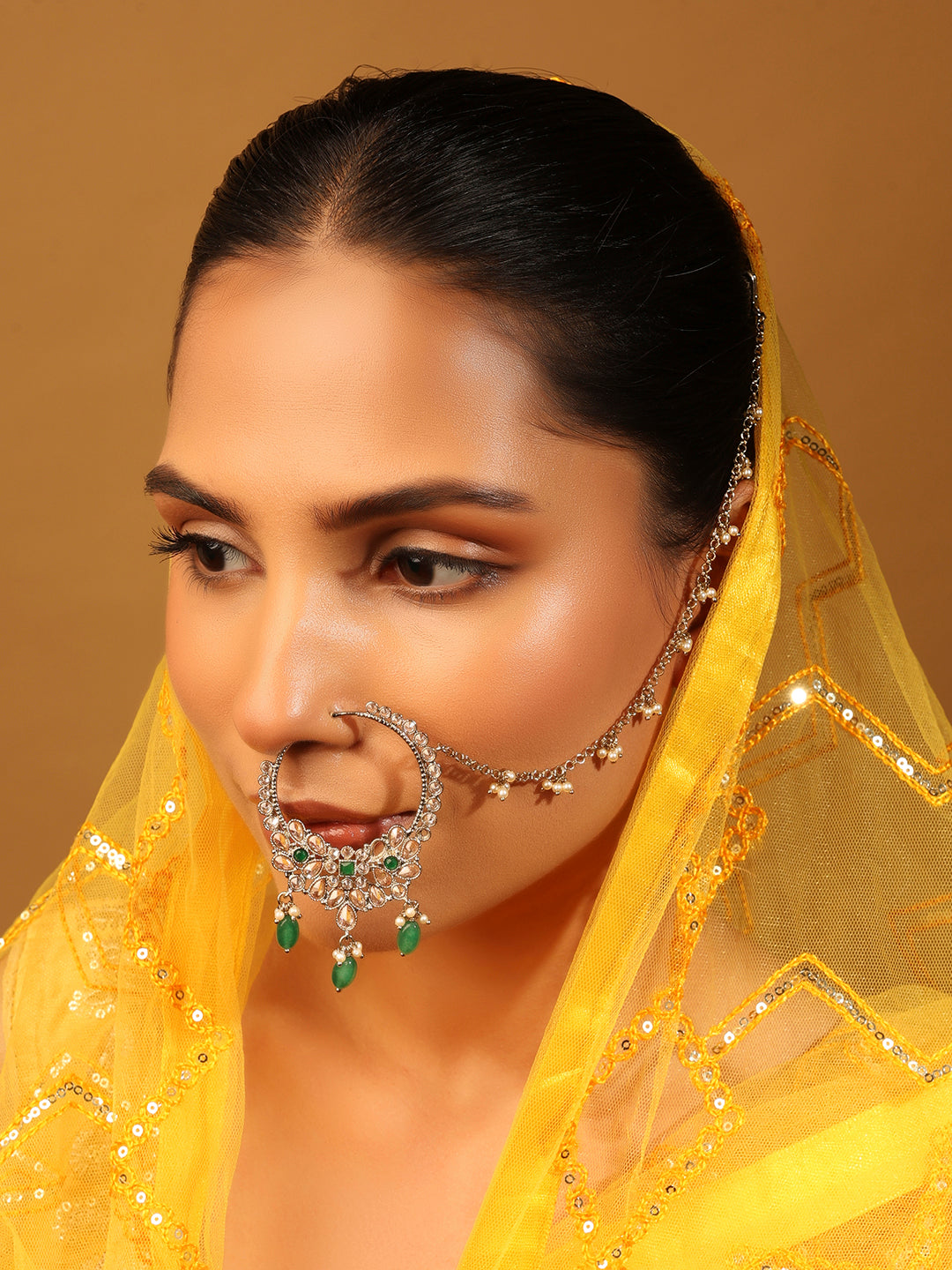 Leaf Shape Crystal Uncut Kundan Gold Plated Nath / Nose Ring - Green Nath / Nose Ring by Yashwanti London