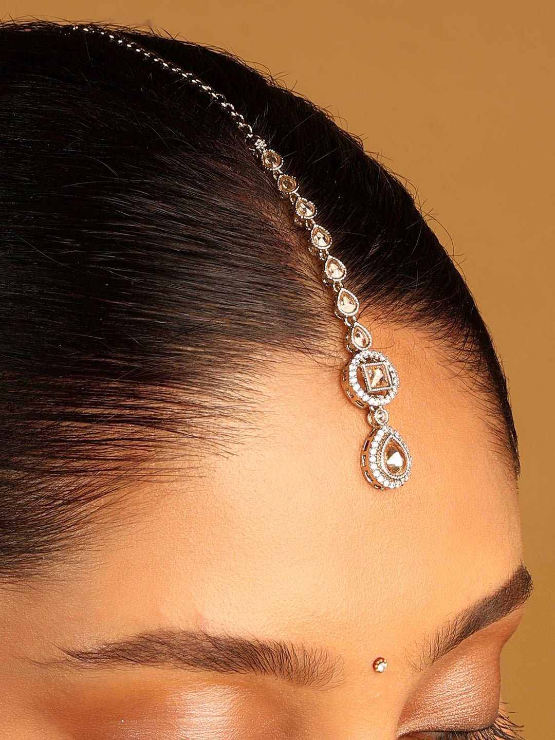 Oval Shape Uncut Kundan Silver Gold Plated Maang Tikka - Grey Maang Tikka by Yashwanti London