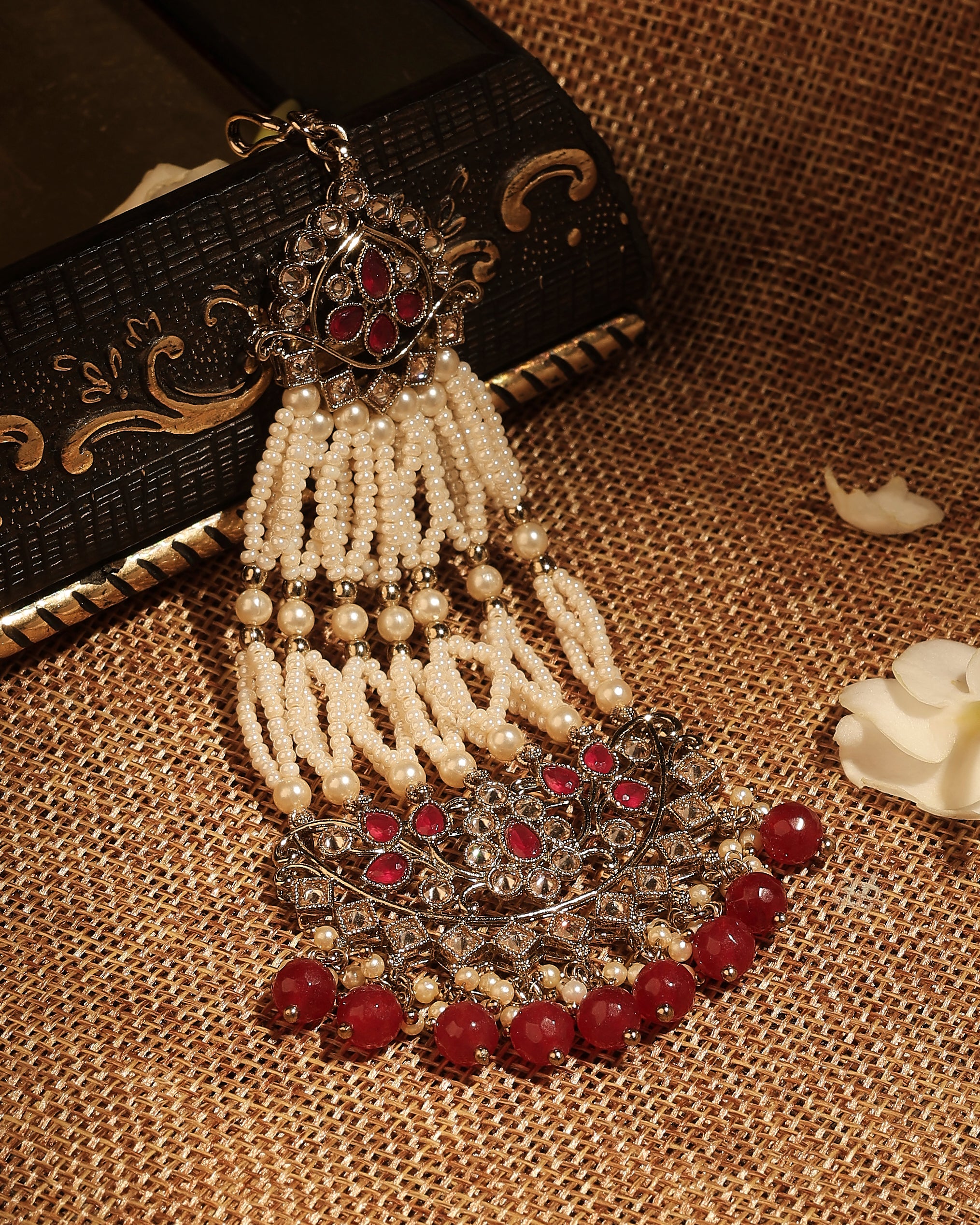 Flower and Leaf Design Uncut Kundan Gold Plated Passa / Matha Patti - Ruby Passa / Matha Patti by Yashwanti London