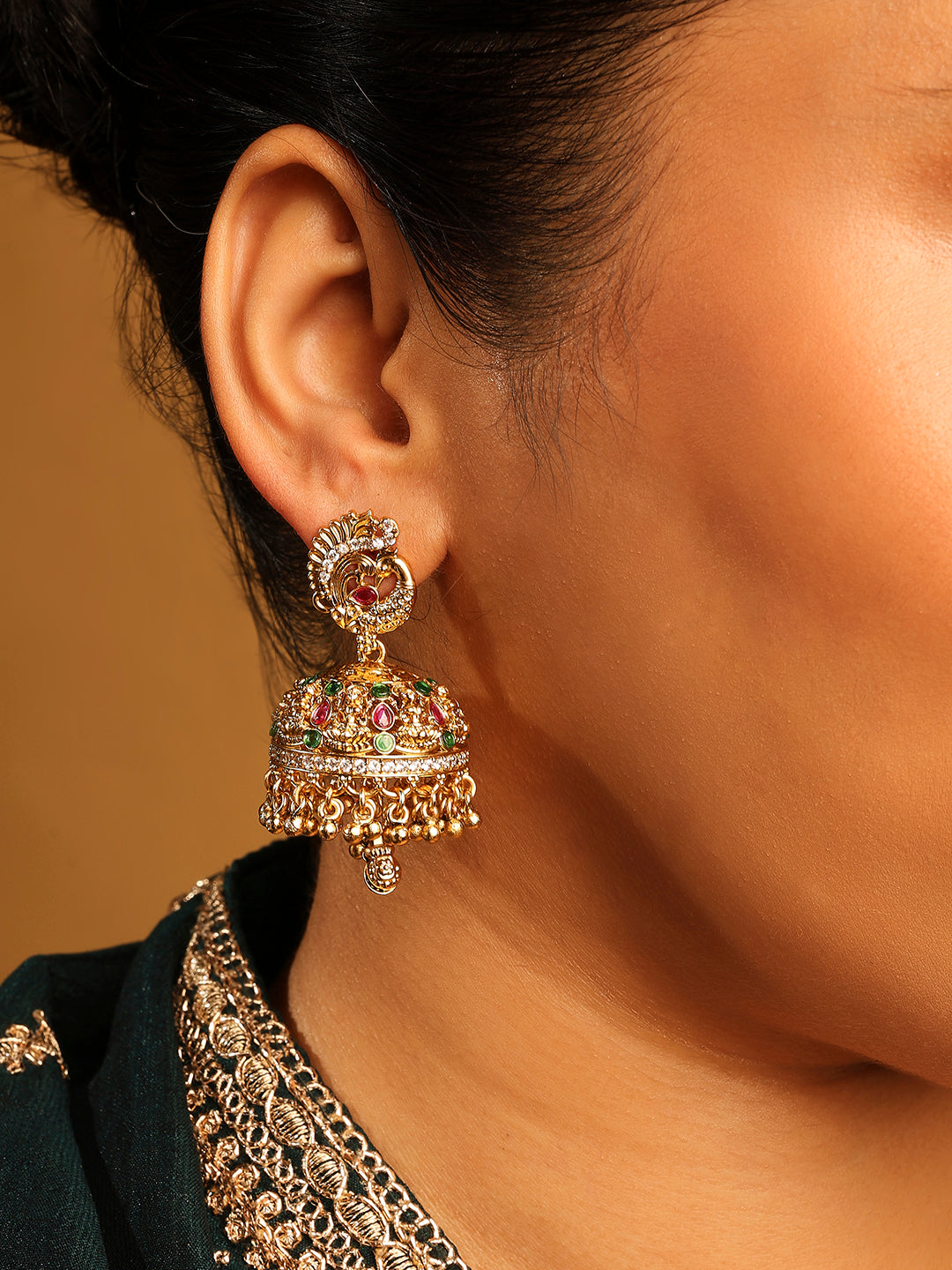Peacock Design Uncut Kundan Gold Plated Jhumki Earrings - Multi Jhumki Earrings by Yashwanti London