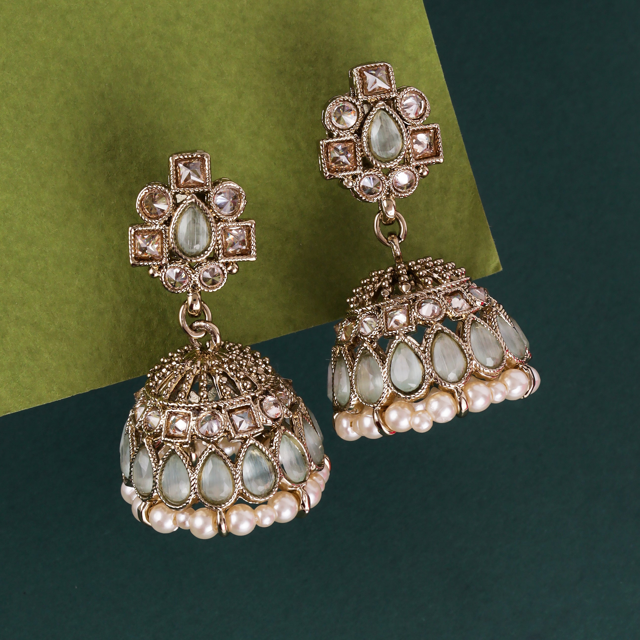 Oval Shape Sky Blue Uncut Kundan Stone Antique Gold Plated Jhumki Earrings - Sky Blue Jhumki Earrings by Yashwanti London