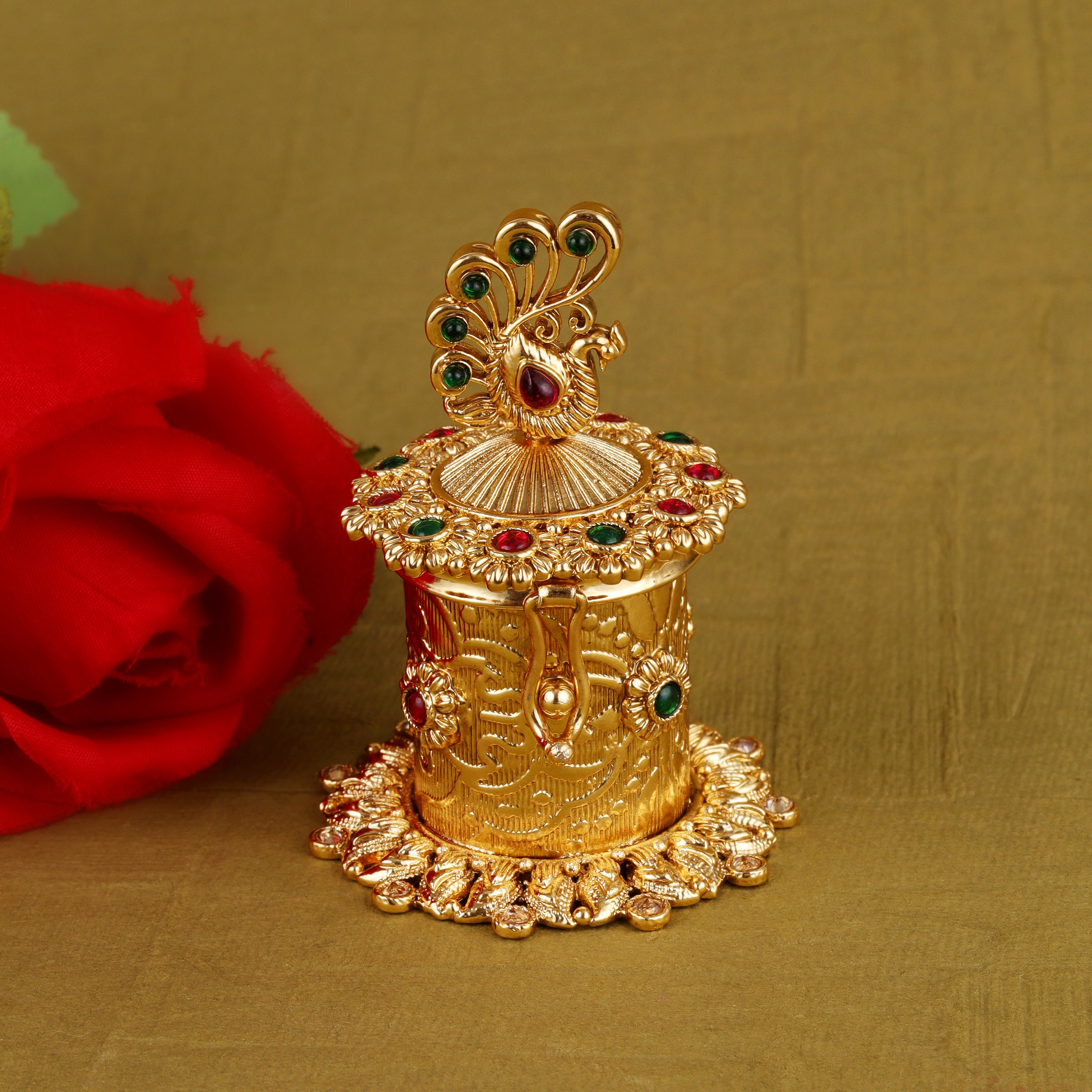 Peacock Design Beads Gold Plated Sindoor Dani - Gold Sindoor Dani by Yashwanti London
