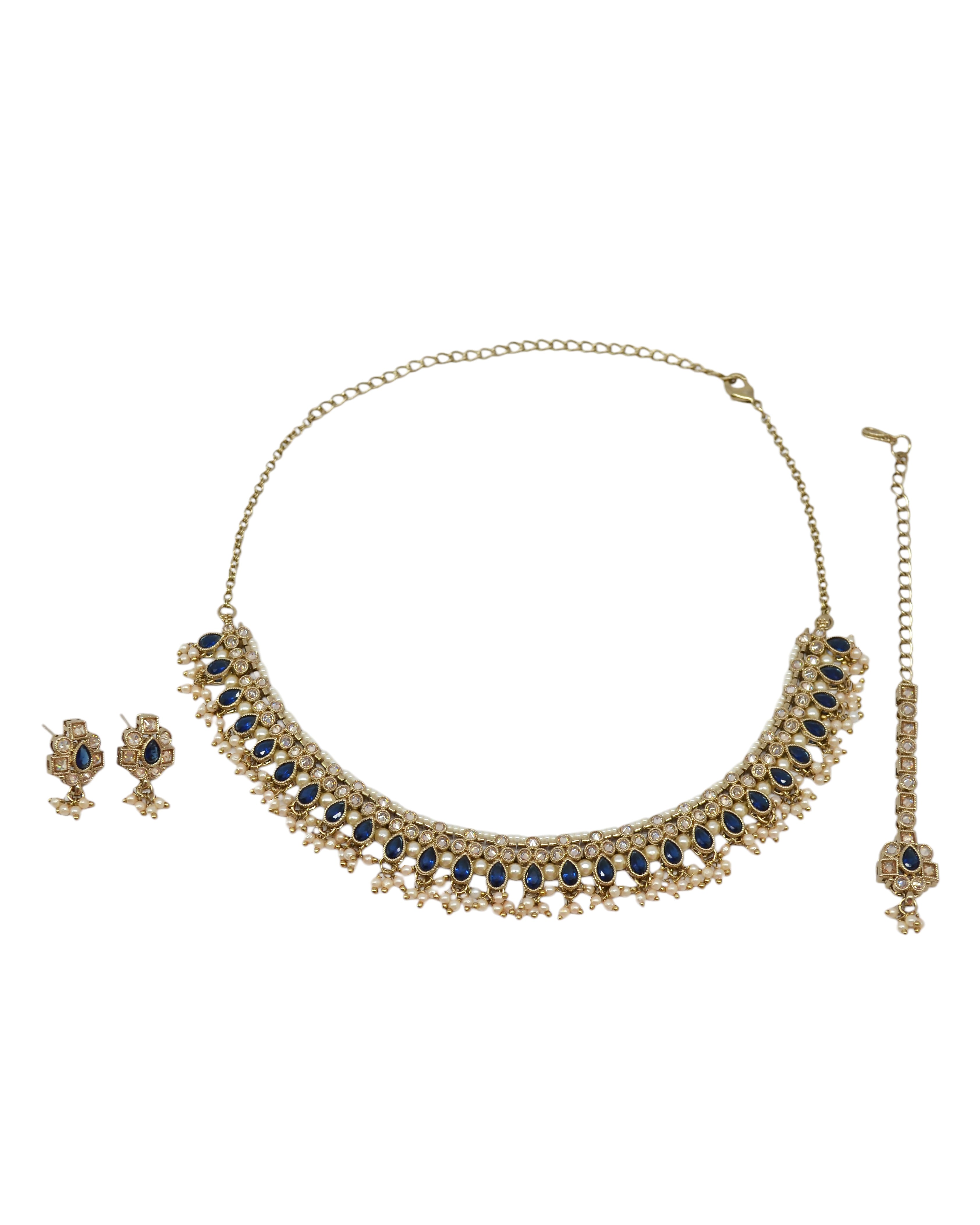 Pear Shape Pearl Guchha Uncut Kundan Antique Gold Plated Necklace Set With Maang Tikka - Blue Necklace Set With Maang Tikka by Yashwanti London